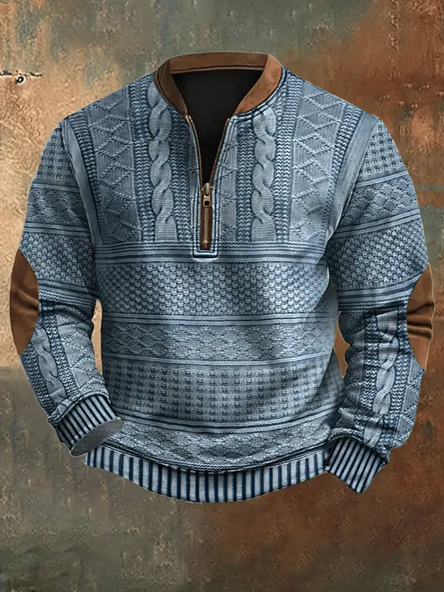 Vintage Knit Pattern Print Casual Zipper Sweatshirt des hommes