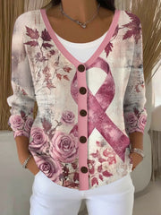 Cardigan Décontracté Imprimé Ruban Rose Pour Femme