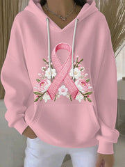 Sweat à Capuche Décontracté Femme Rose Cancer Du Sein Imprimé
