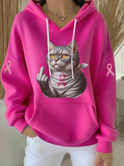 Sweat à Capuche Décontracté Chat Imprimé Ruban Rose pour Femme