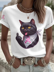 T-shirt Décontracté Femme Chat Rose Ruban Imprimé