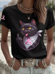 T-shirt Décontracté Femme Chat Rose Ruban Imprimé