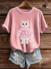T-shirt rose chaton de sensibilisation au cancer du sein pour femme