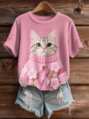 T-shirt Décontracté Femme Chat Rose Ruban Imprimé