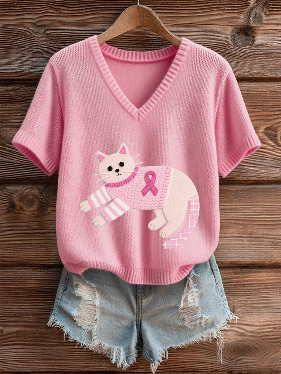 T-shirt rose chaton de sensibilisation au cancer du sein pour femme