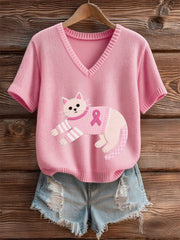 T-shirt rose chaton de sensibilisation au cancer du sein pour femme