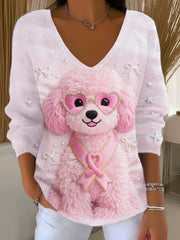 Haut à manches longues Femme Rose Chien Rose Ruban de Soutien de Sensibilisation au Cancer du Sein