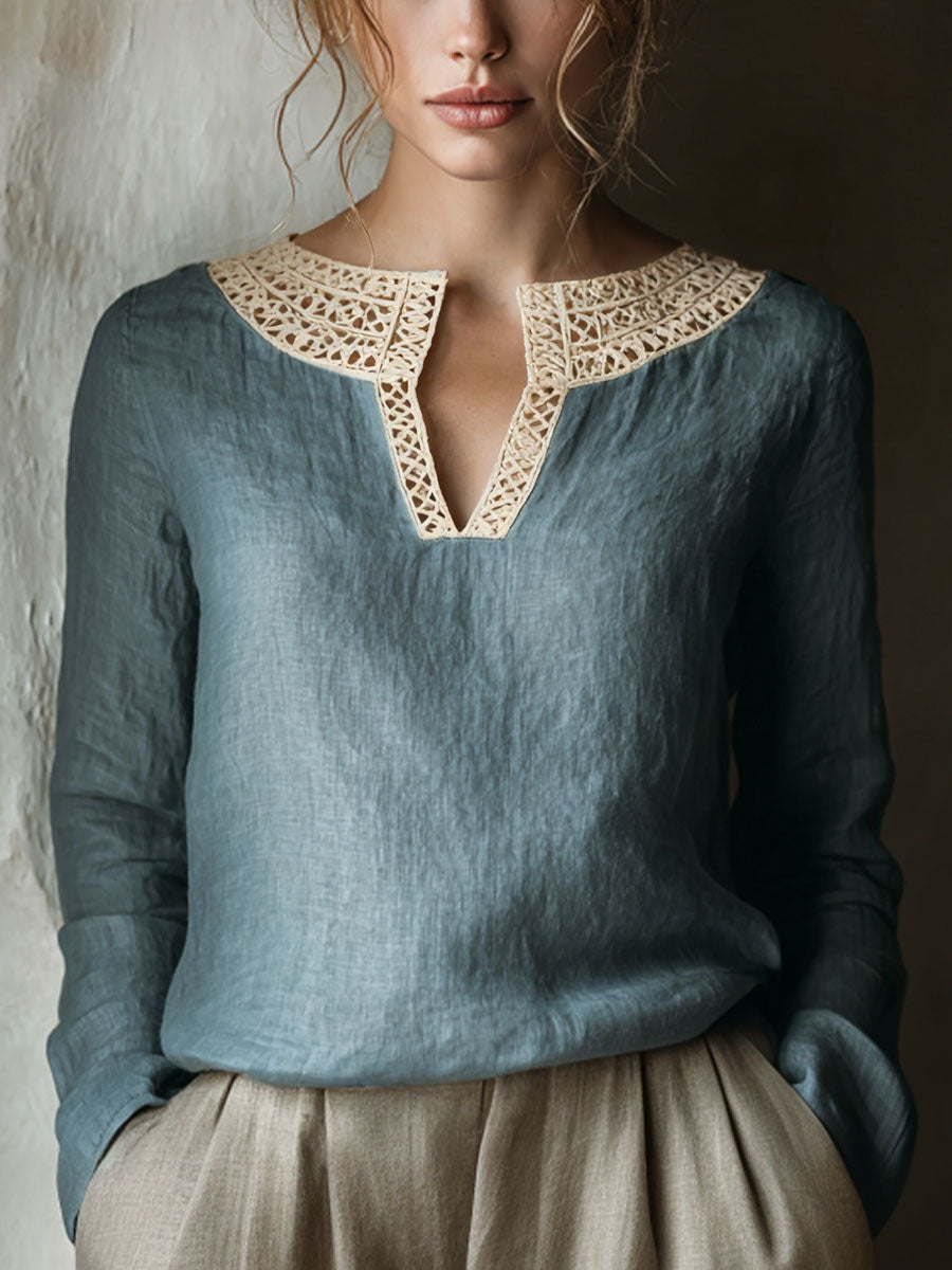 Chemise en lin à patchwork en dentelle vintage pour femmes