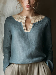 Chemise en lin à patchwork en dentelle vintage pour femmes