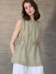 Col rond en lin pour femmes Lace-Up Loose Top sans manches