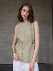 Col rond en lin pour femmes Lace-Up Loose Top sans manches
