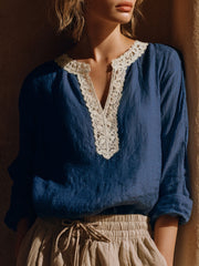 Chemise en mélange de lin à patchwork en dentelle vintage pour femmes