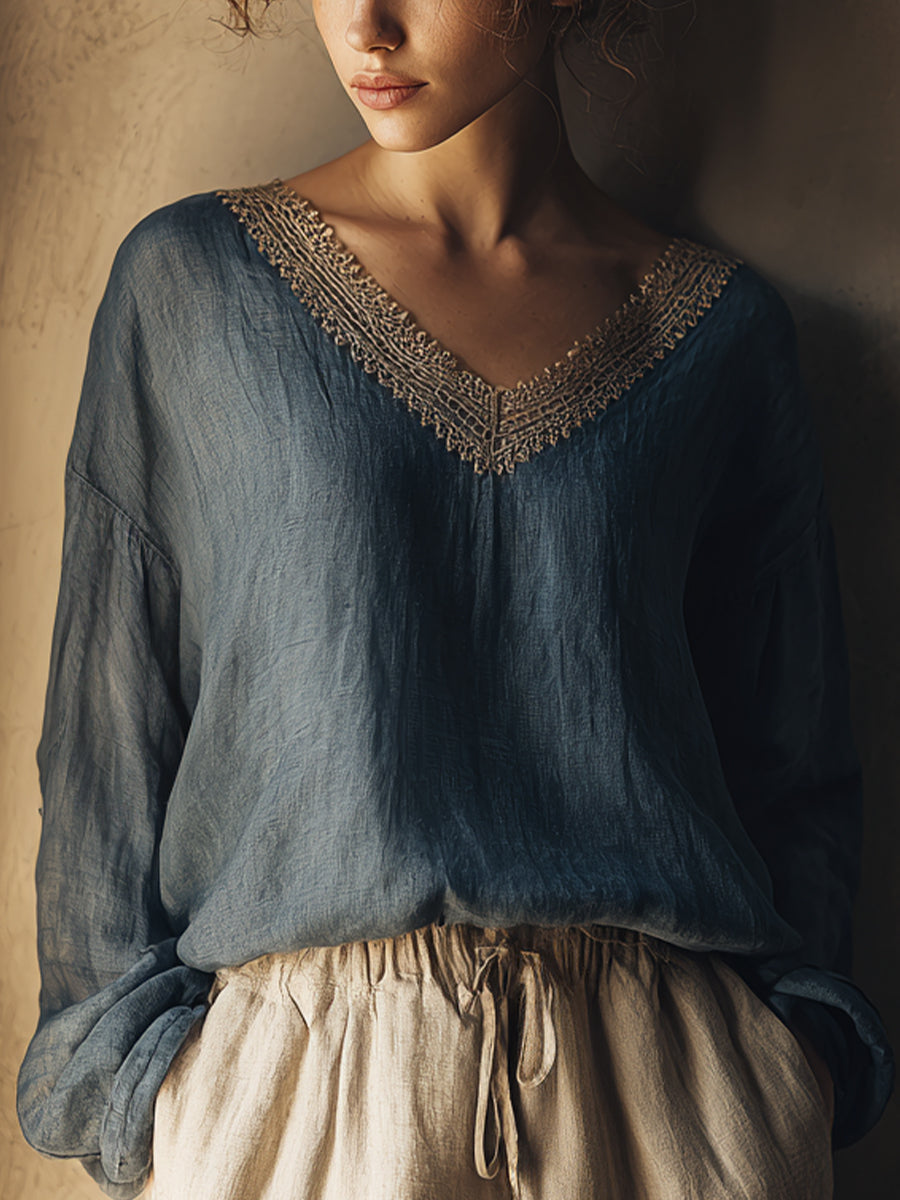 Chemise en lin à patchwork en dentelle vintage pour femmes