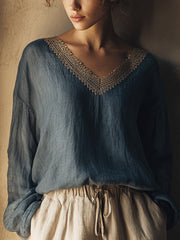 Chemise en lin à patchwork en dentelle vintage pour femmes
