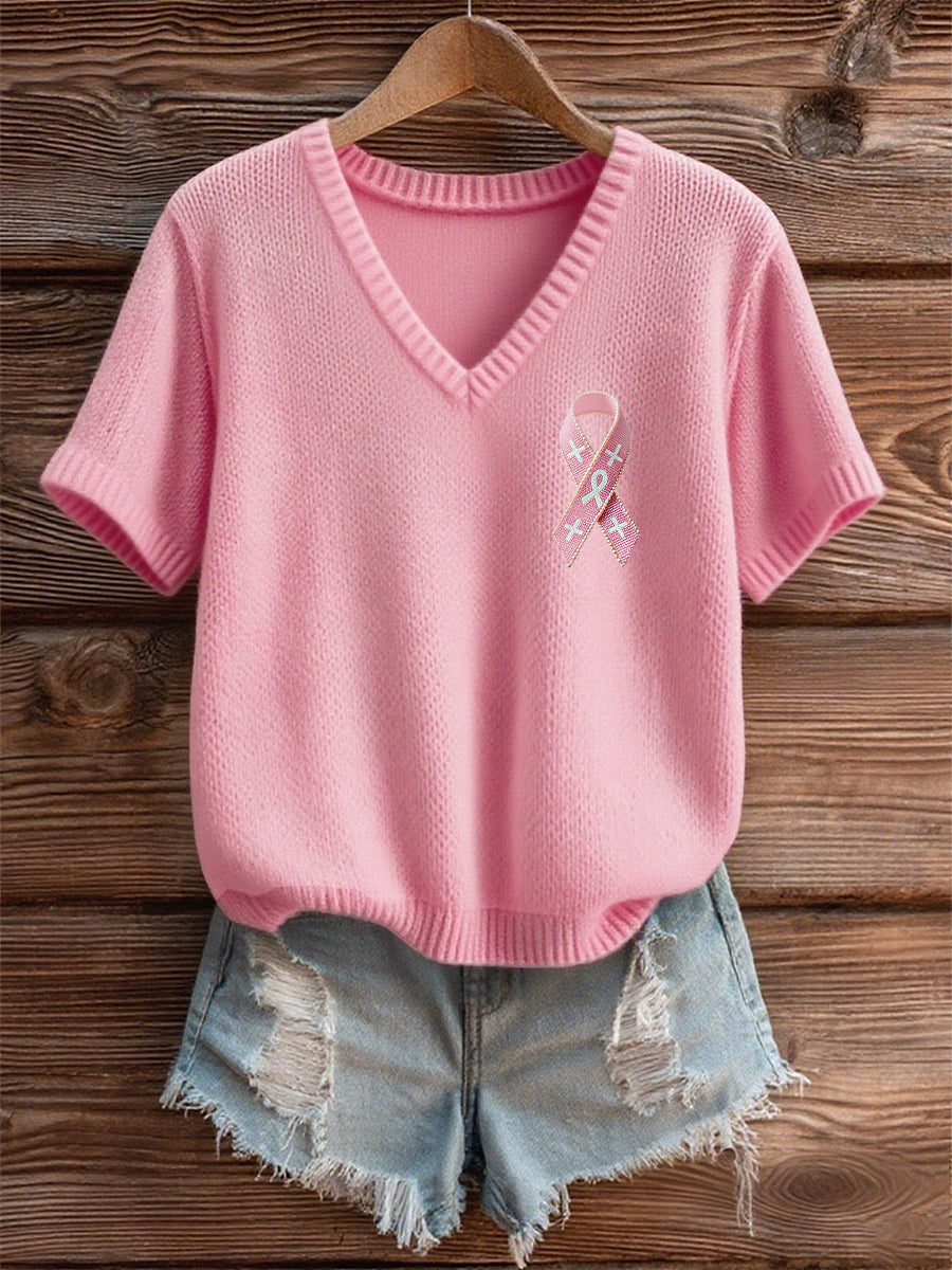 T-shirt femme ruban rose à manches courtes sensibilisation au cancer du sein