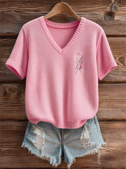 T-shirt femme ruban rose à manches courtes sensibilisation au cancer du sein