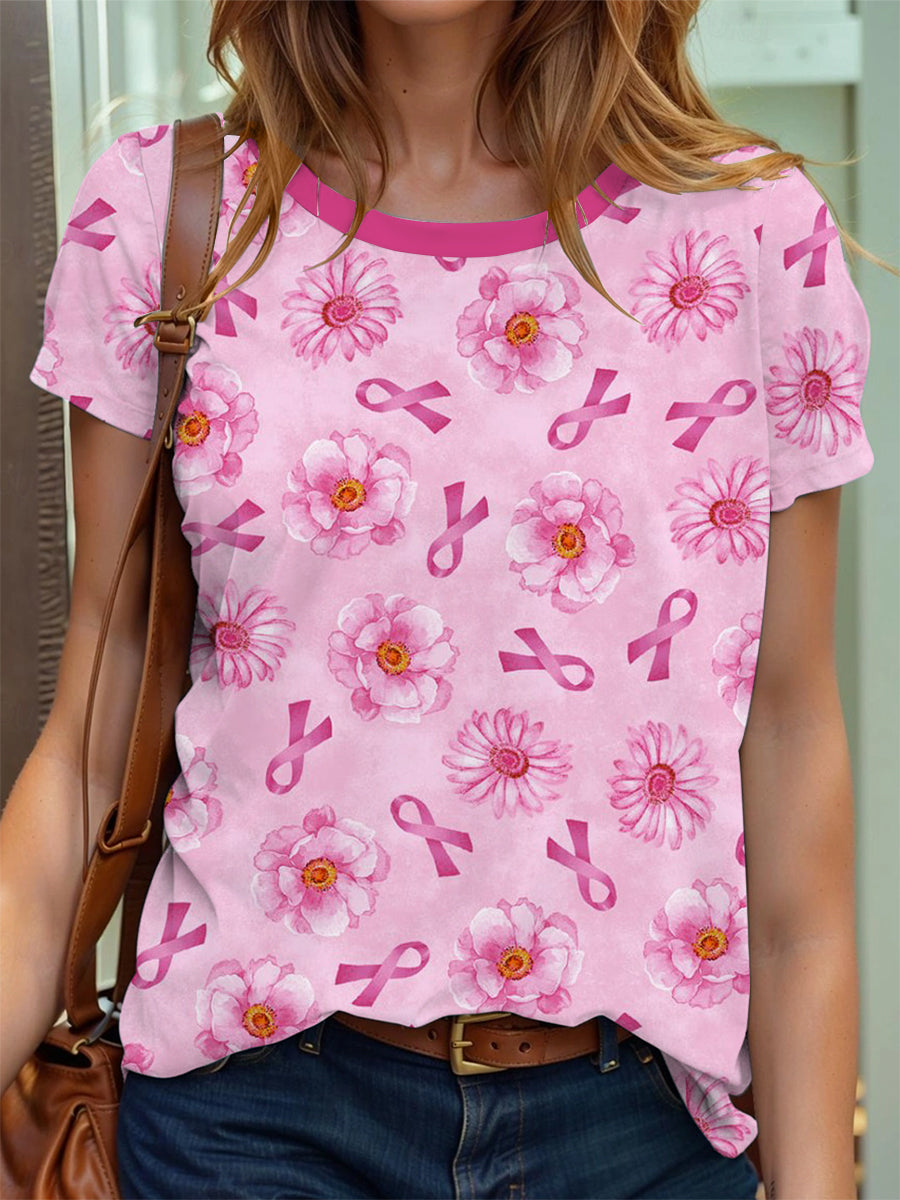 Women's Breast Cancer Awareness Floral Ribbon T-shirt à manches courtes