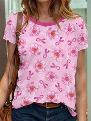 Women's Breast Cancer Awareness Floral Ribbon T-shirt à manches courtes
