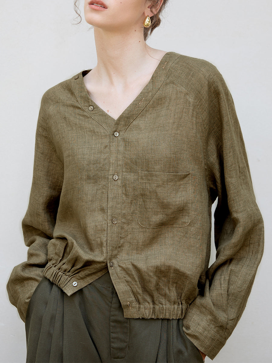 Chemise à manches longues en lin à col en V et raglan Femme
