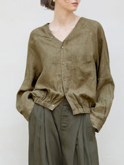 Chemise à manches longues en lin à col en V et raglan Femme