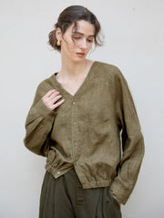 Chemise à manches longues en lin à col en V et raglan Femme