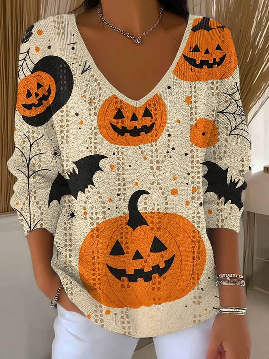 Femmes Mignon Halloween Citrouille Chauve-souris Imprimer Casual Haut à manches longues