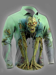 Halloween 3D imprimé Illusion d'optique Zombie Horror revers bouton chemise à manches longues pour hommes
