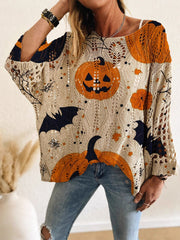 Les femmes de la citrouille d'Halloween chauves-souris Imprimer Casual lâche creux Pull