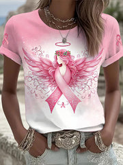 T-shirt col rond imprimé sensibilisation au cancer du sein pour femmes