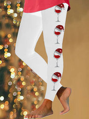 Leggings décontractés à imprimé verre de vin rouge de Noël pour femmes