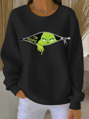 Funny Christmas EW People Print Sweat-shirt à col rond côtelé pour femmes