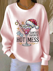 Sweat-shirt décontracté côtelé imprimé Hot Mess préféré du Père Noël pour femmes