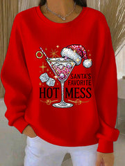 Sweat-shirt décontracté côtelé imprimé Hot Mess préféré du Père Noël pour femmes