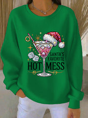 Sweat-shirt décontracté côtelé imprimé Hot Mess préféré du Père Noël pour femmes