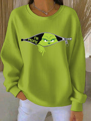Funny Christmas EW People Print Sweat-shirt à col rond côtelé pour femmes