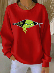 Funny Christmas EW People Print Sweat-shirt à col rond côtelé pour femmes