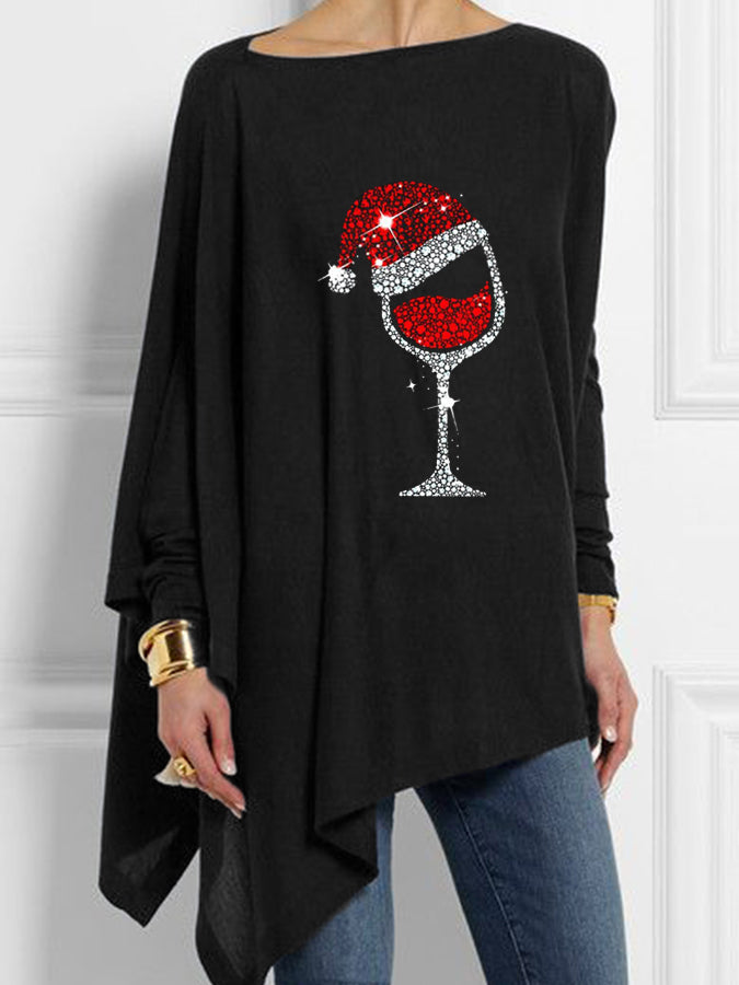Haut irrégulier décontracté à imprimé de verre à vin rouge de Noël pour femmes