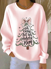 Sweat-shirt Femme Côtelé Décontracté Imprimé "Oh Come Let Us Adore Him"