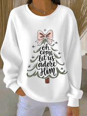 Sweat-shirt Femme Côtelé Décontracté Imprimé "Oh Come Let Us Adore Him"