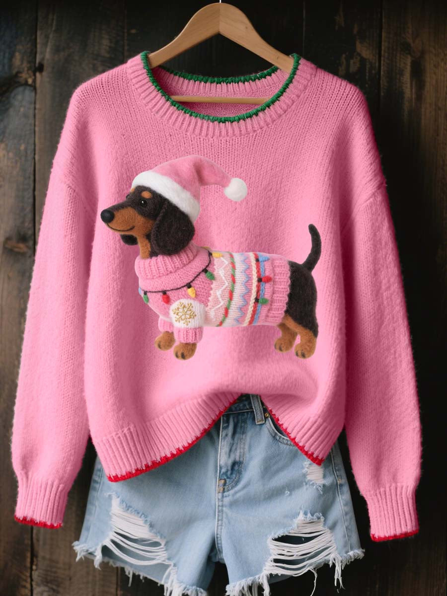 Lovely Christmas Teckel Felt Art Pull en tricot confortable pour femmes