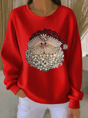 Sweat Femme Côtelé Imprimé Père Noël à Col Rond