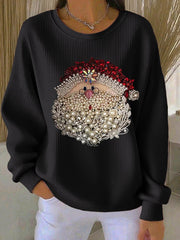 Sweat Femme Côtelé Imprimé Père Noël à Col Rond
