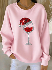 Sweat-shirt décontracté à imprimé de verre de vin rouge de Noël pour femmes