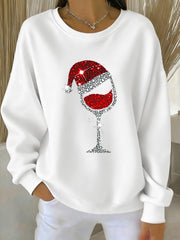 Sweat-shirt décontracté à imprimé de verre de vin rouge de Noël pour femmes