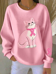 Women's Breast Cancer Awareness Cat Motif Sweatshirt