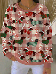 Sweat-shirt à col rond côtelé Teckel de Noël pour femme