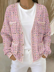 Cardigans Femme Rose Imprimé Géométrique Avec Poche