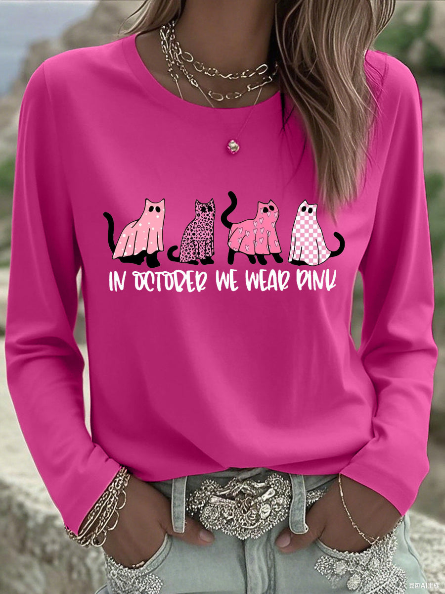 T-shirt rose à manches longues pour femme In october We Wear Breast Cancer Awareness
