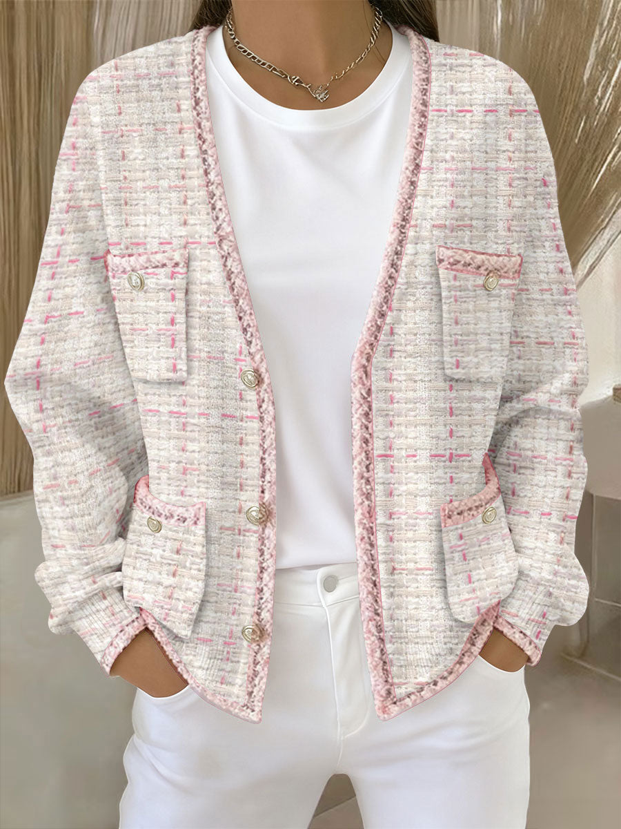 Cardigans Femme Rose Imprimé Géométrique Avec Poche