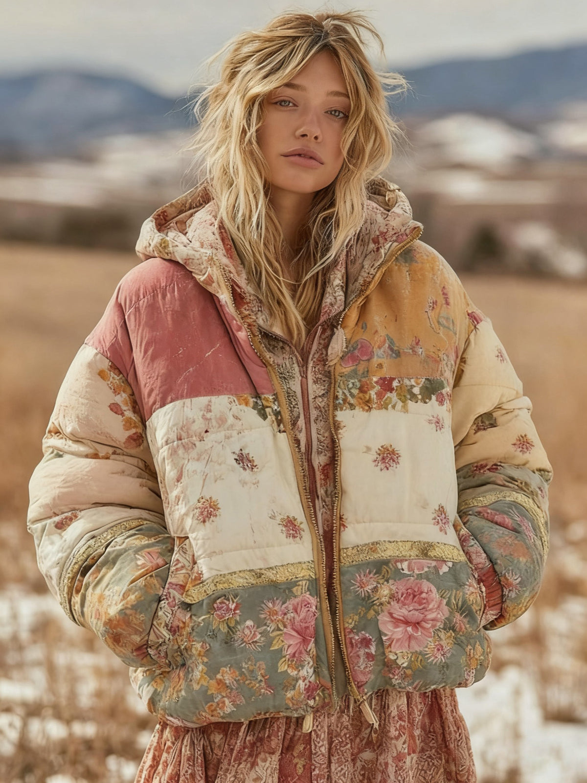 Femmes Floral Patchwork Chaud Coton Rembourré Vêtements